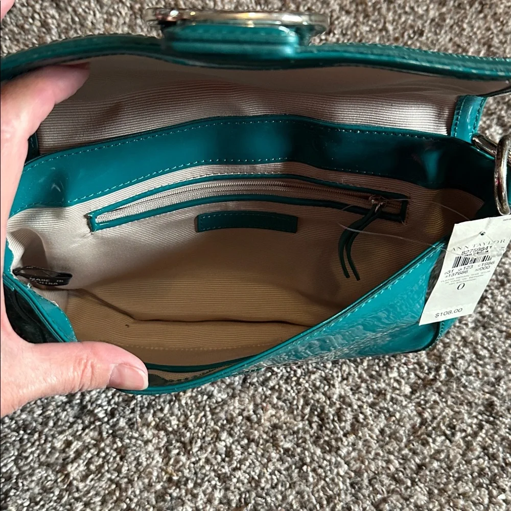 NWT Ann Taylor Y2K Teal Patent Buckled Baguette Bag
